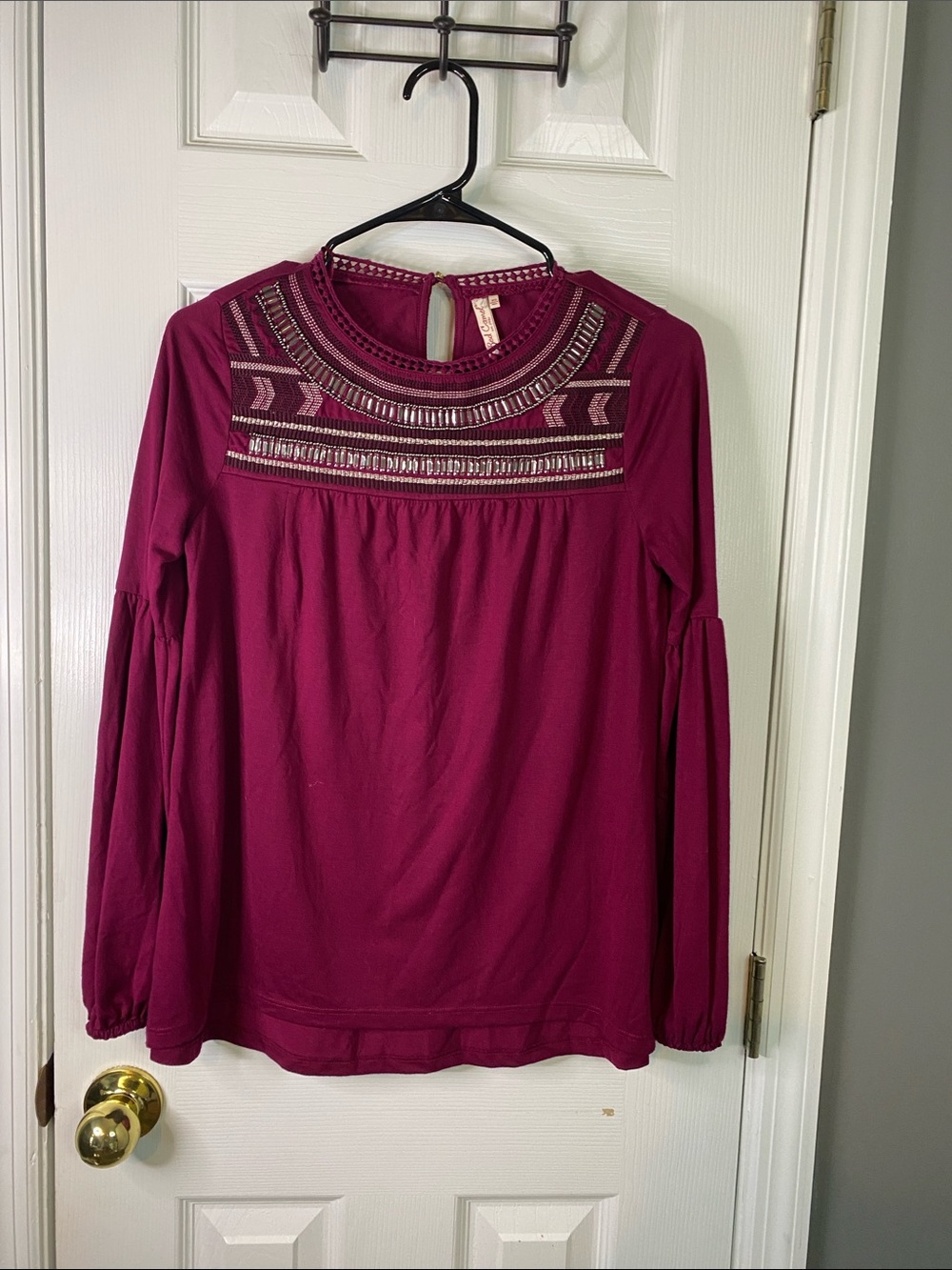 Red Camel Embroidered Yoke Long-Sleeve Top - Berry Plum Size XSmall.